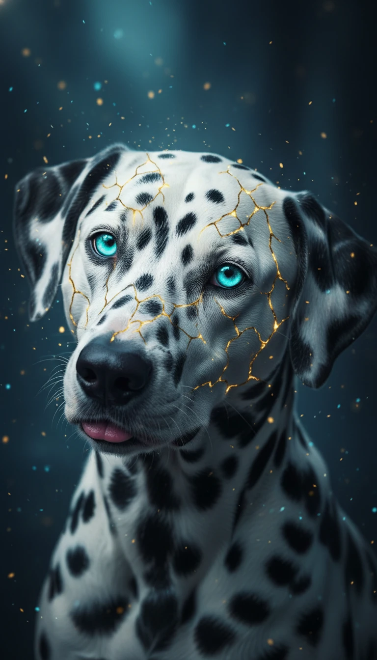 Retrato de dálmata com olhos turquesa brilhantes e rachaduras douradas
