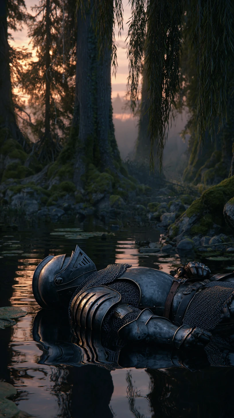 Armored knight floating peacefully on a twilight forest pond