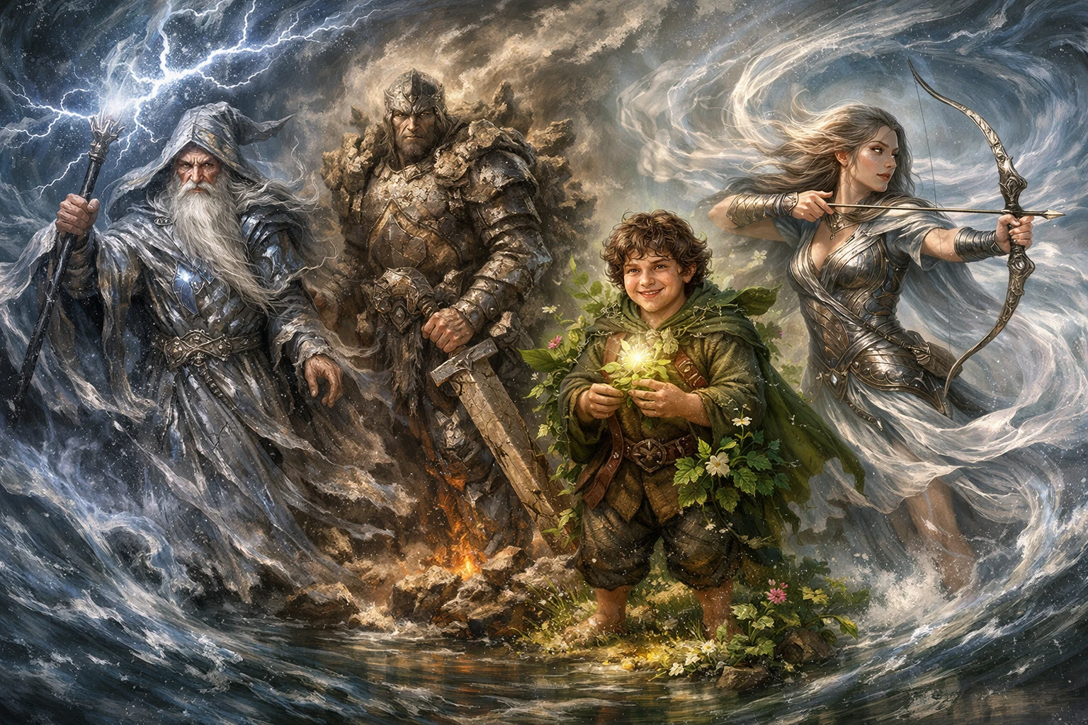 Héros élémentaires dans une peinture numérique de fantasy surréaliste