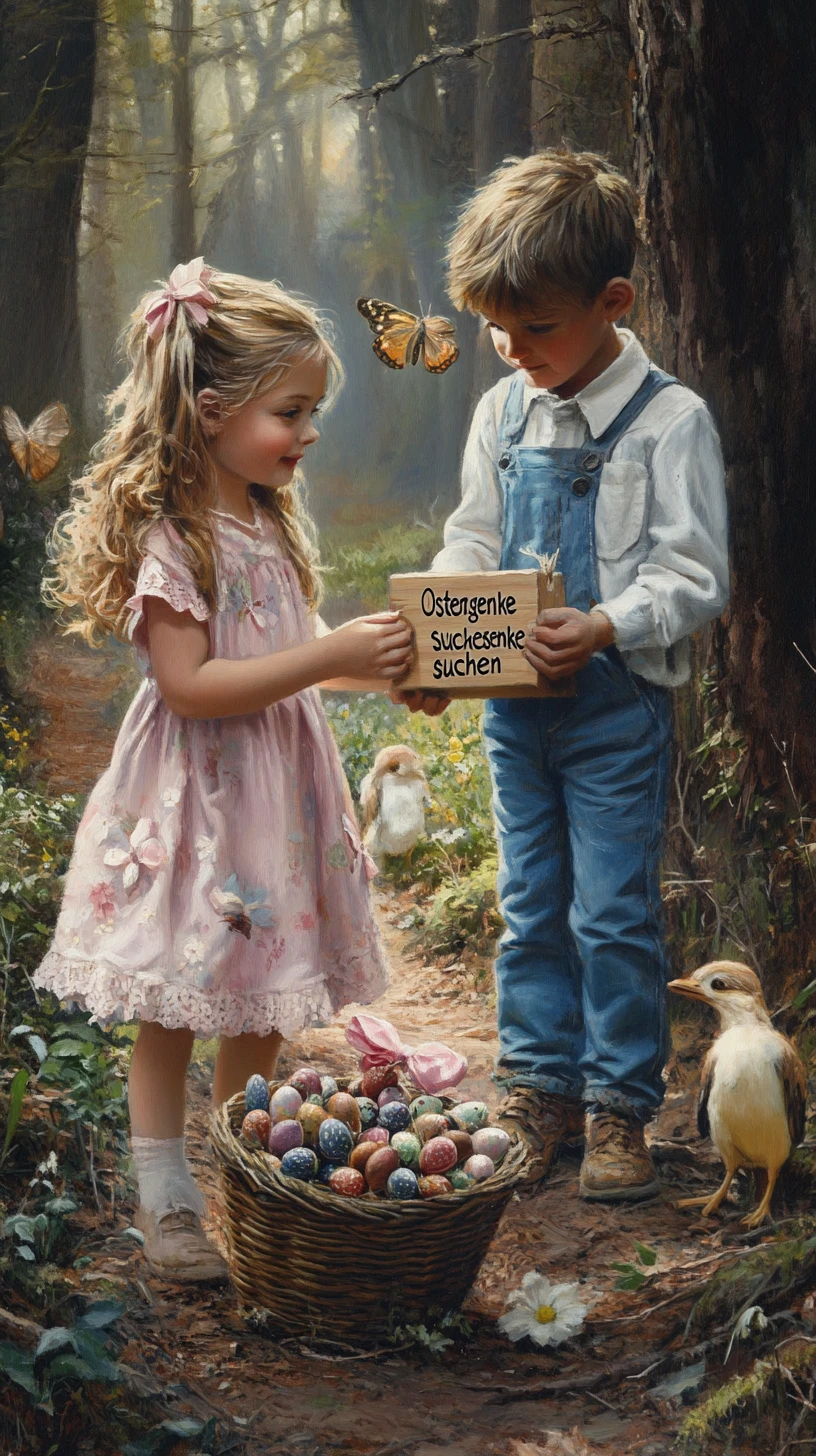 Niños descubren huevos de Pascua coloridos en un bosque soleado