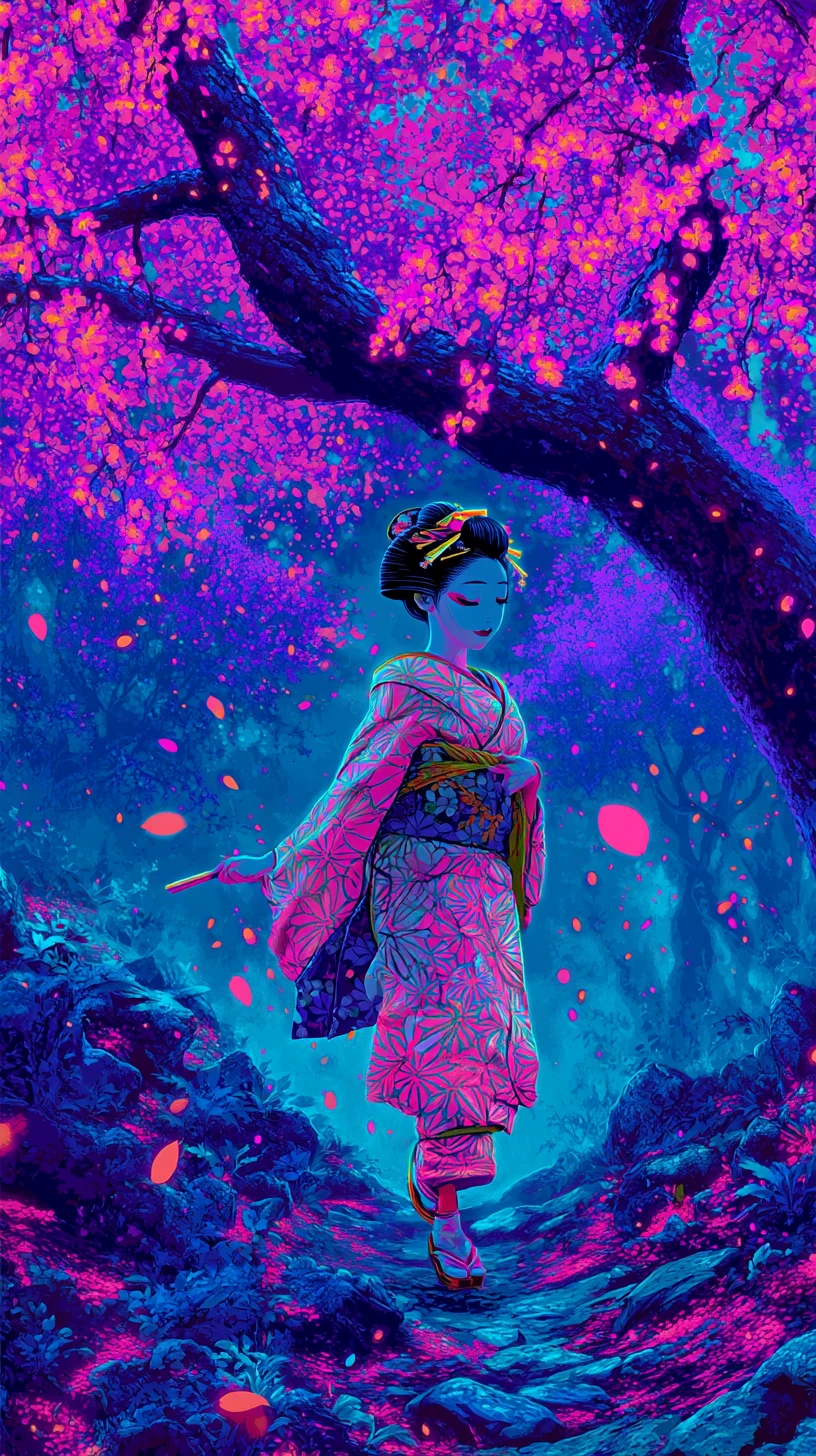 Neon-Geisha unter leuchtenden Kirschblüten bei Nacht
