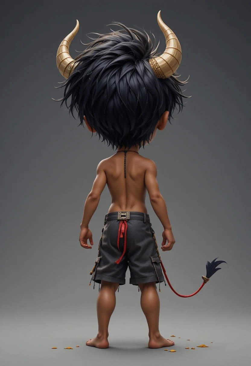 Garoto brincalhão de cabelo preto posando como um touro em estilo de desenho animado