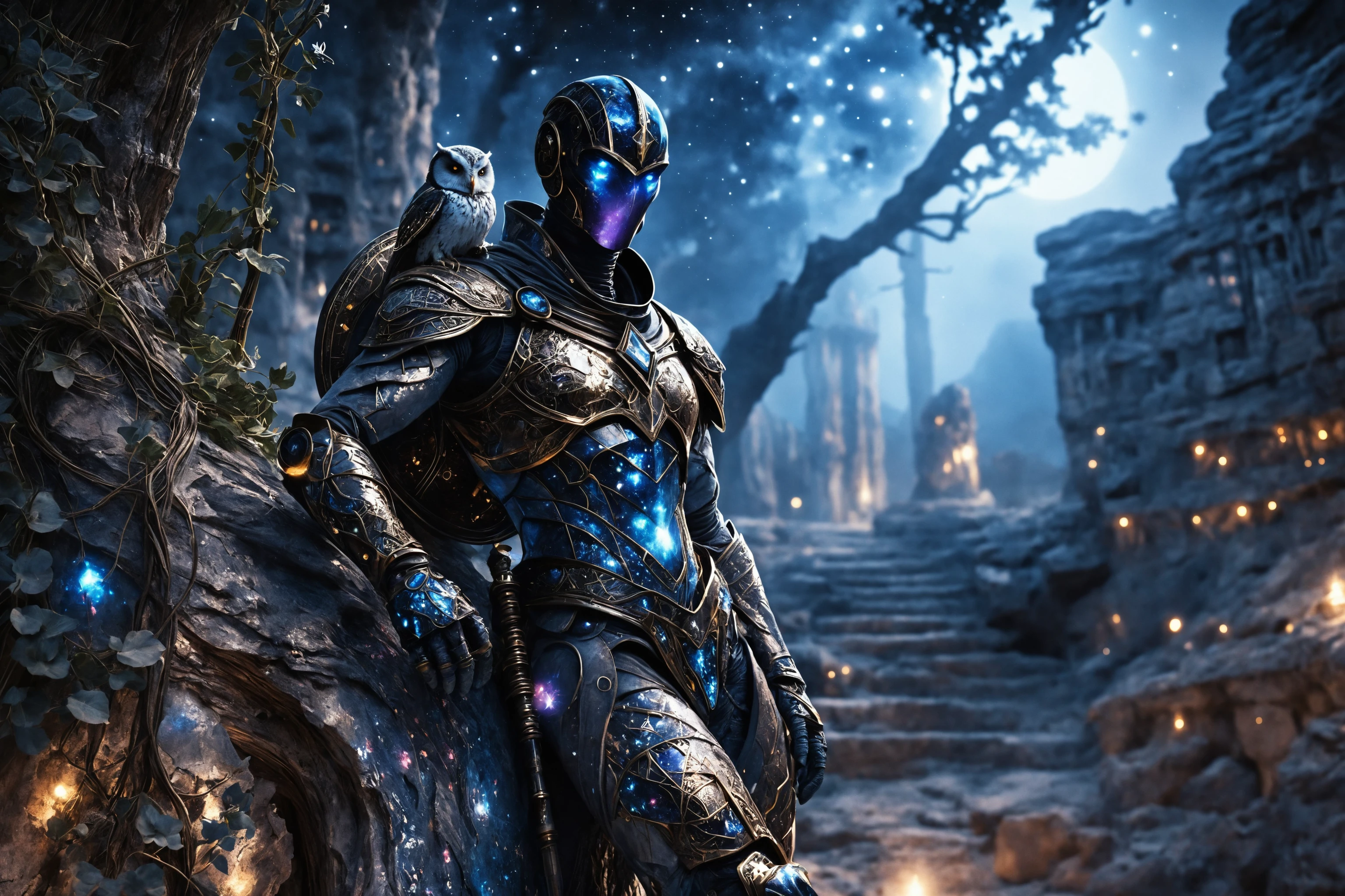 Warforged-Druide beobachtet die Sterne auf einer alten, mondbeschienenen Zikkurat