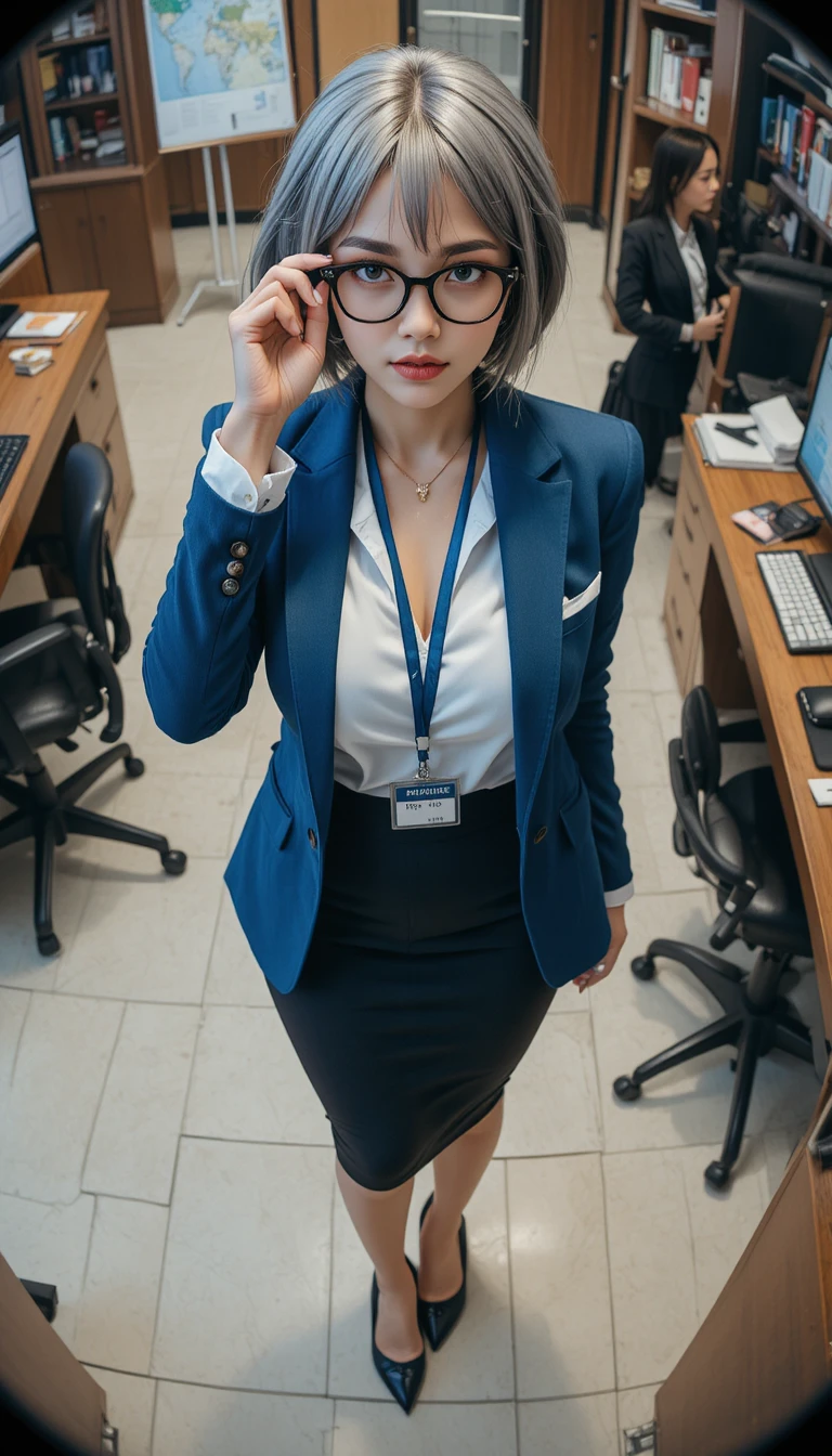 Office woman with glasses adjusting frames by her computer