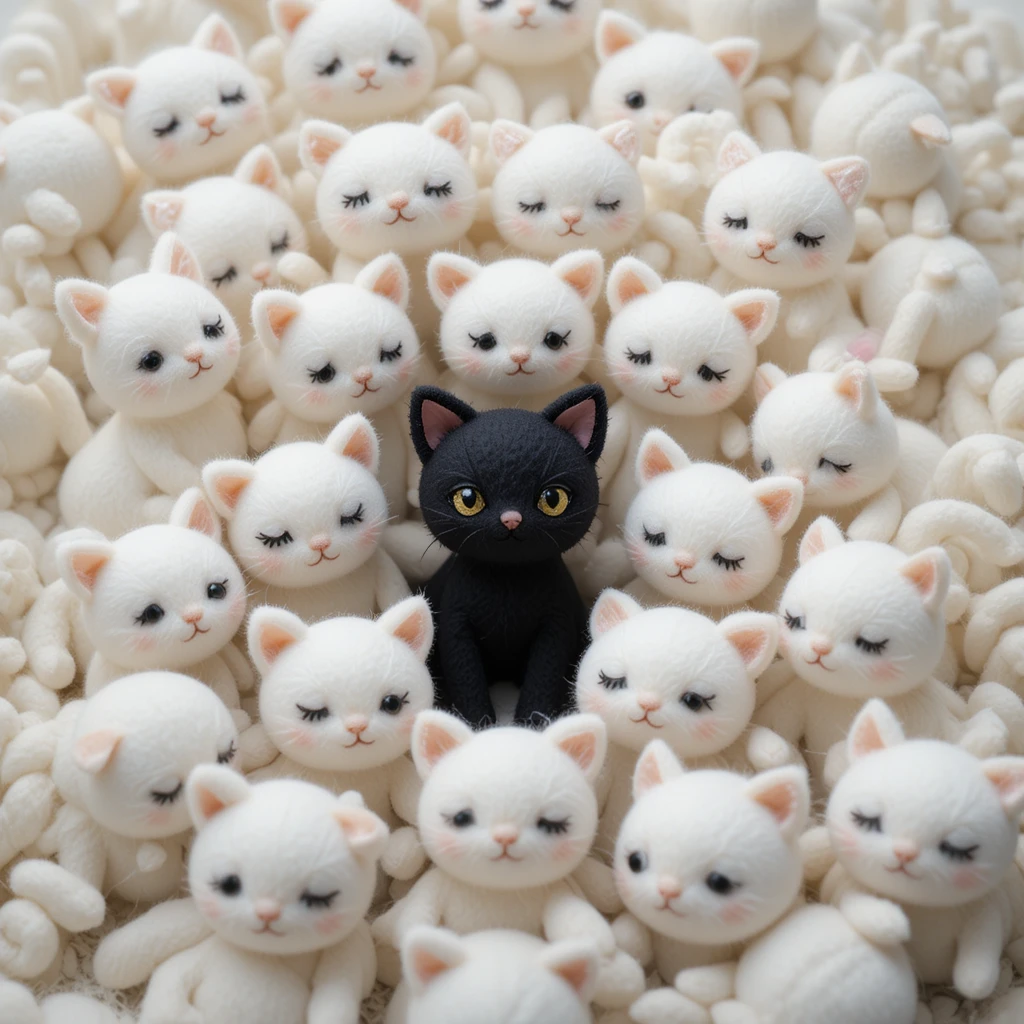 Grupo de gatitos de fieltro blancos con un gatito negro en el centro