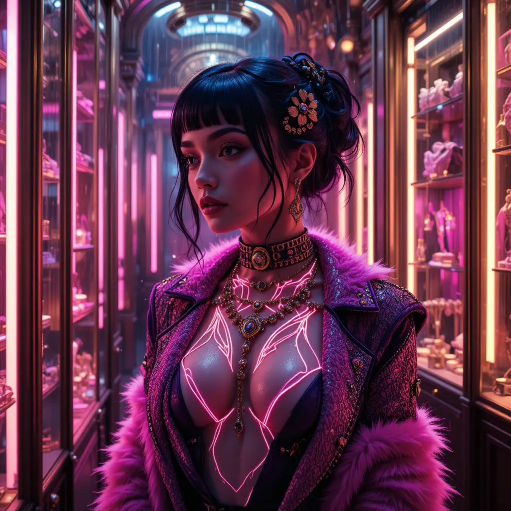 Cinematic close up of tattooed woman in luxury jewelry store