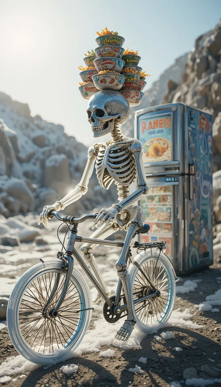 Squelette glacé étincelant à vélo sous un soleil éclatant