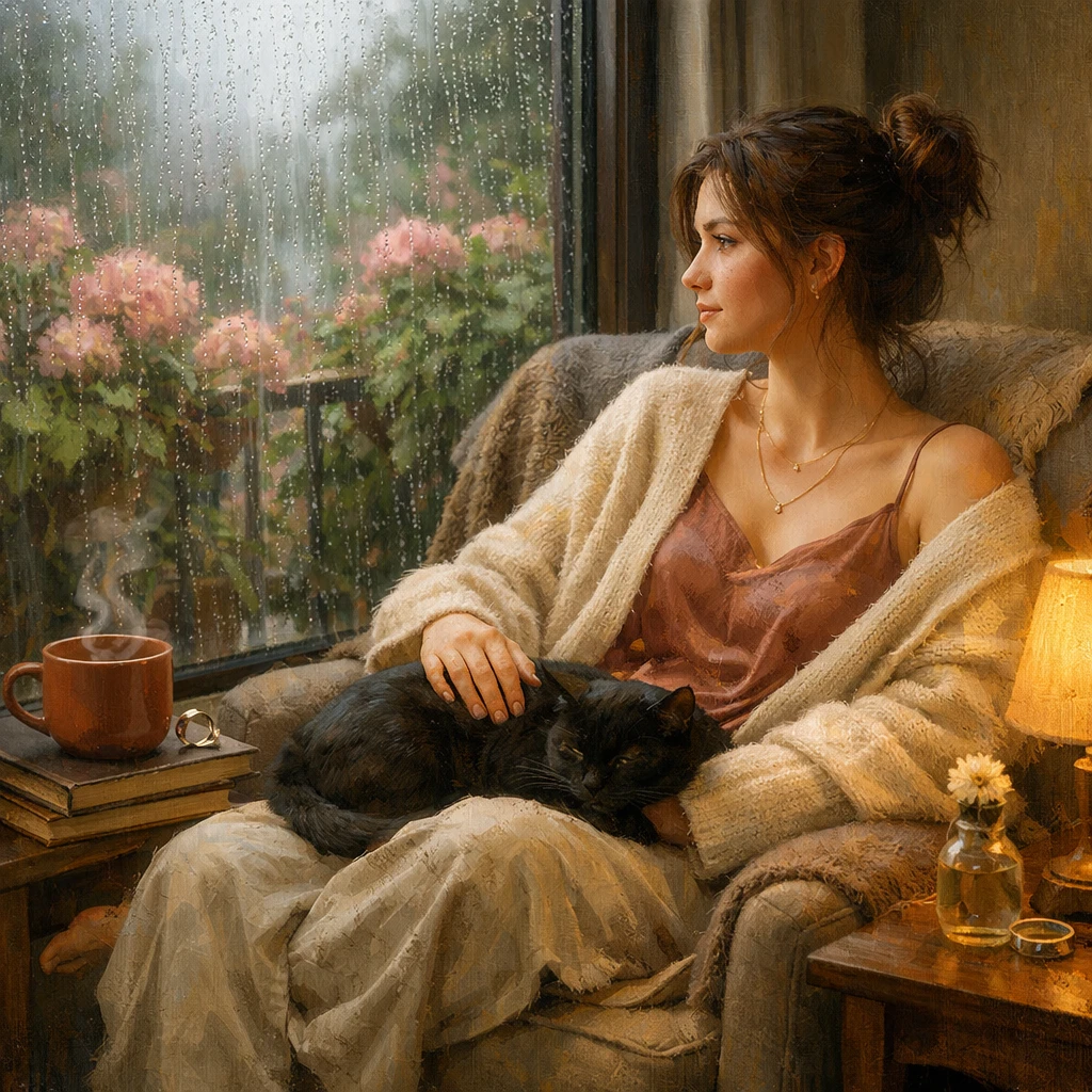 Woman relaxing with black cat by a rainy window
