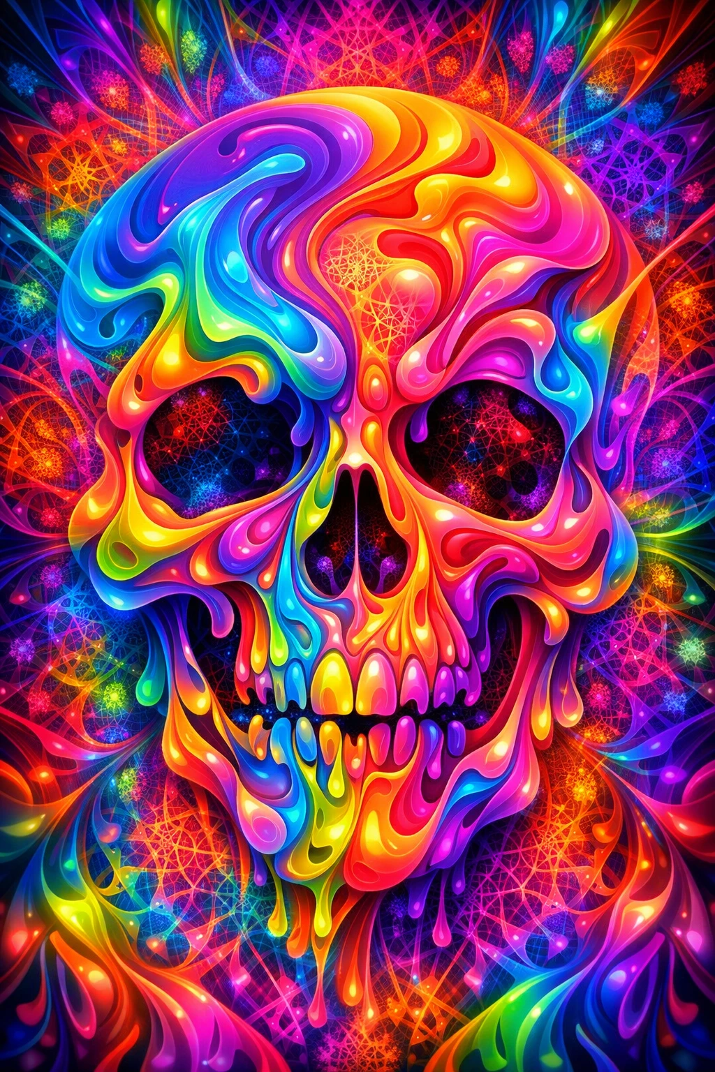 Neon flowing shapes creating a surreal skull illusion