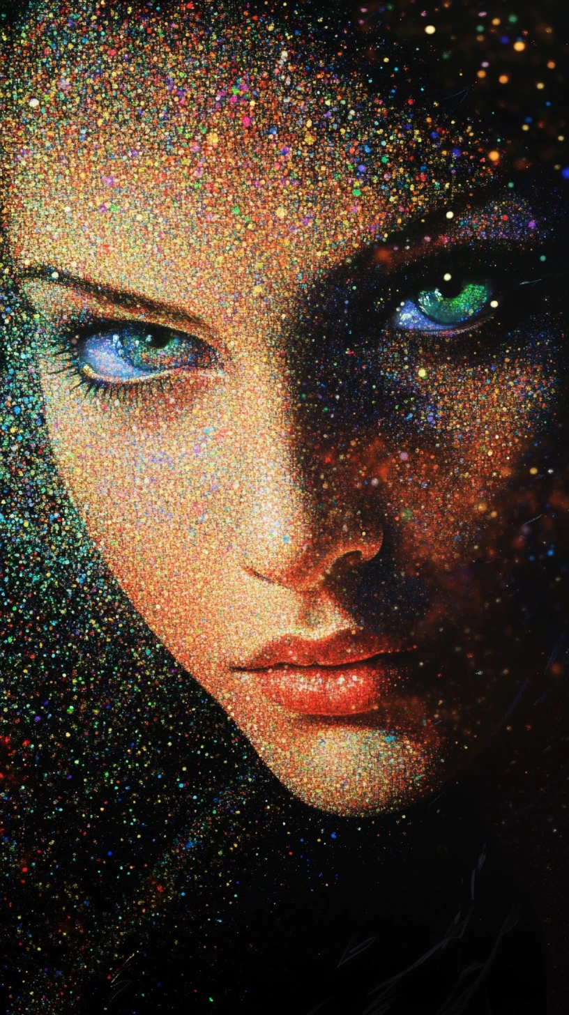 Cyborg woman in neon city rendered in pointillist style