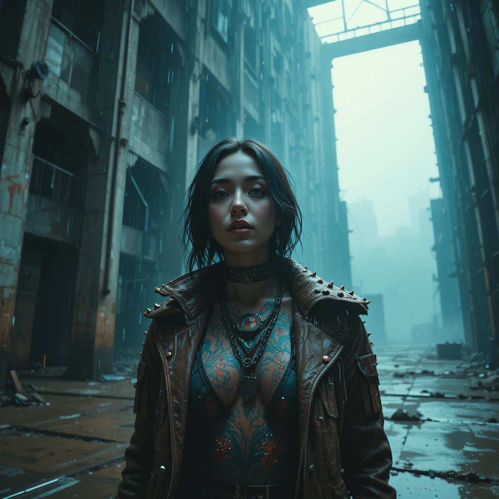 Woman in rainlit industrial tower with glowing tattoos