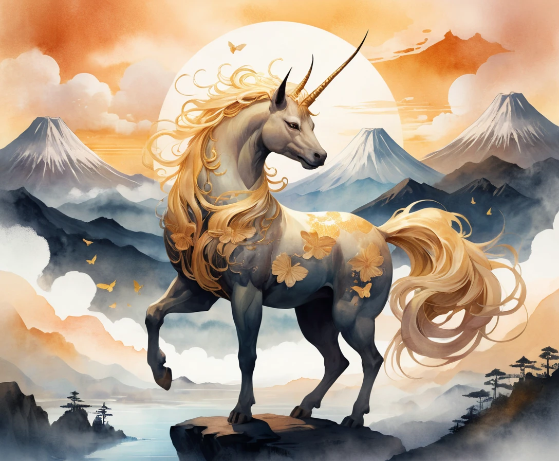 Kirin Mitico davanti al Monte Fuji in Stile Acquerello