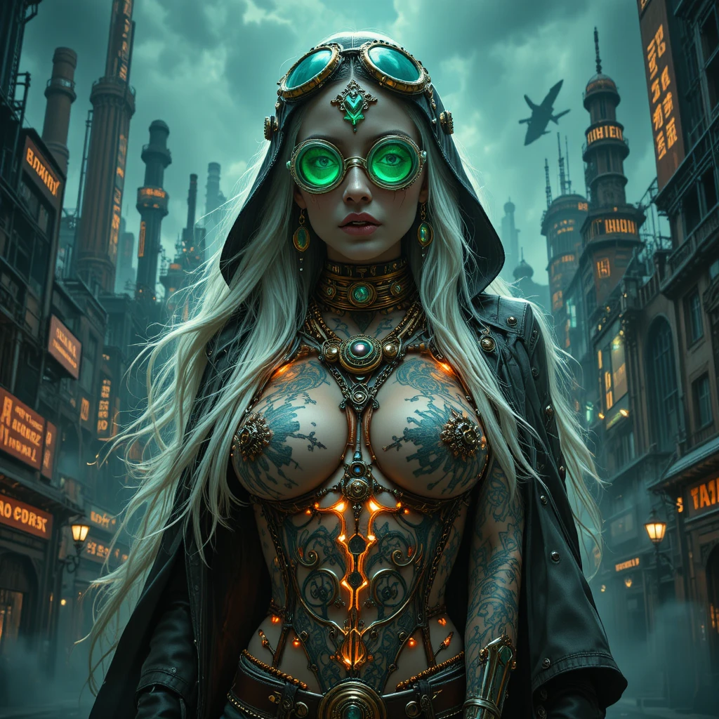 Impératrice steampunk noir aux cheveux blancs luminescents et tatouages