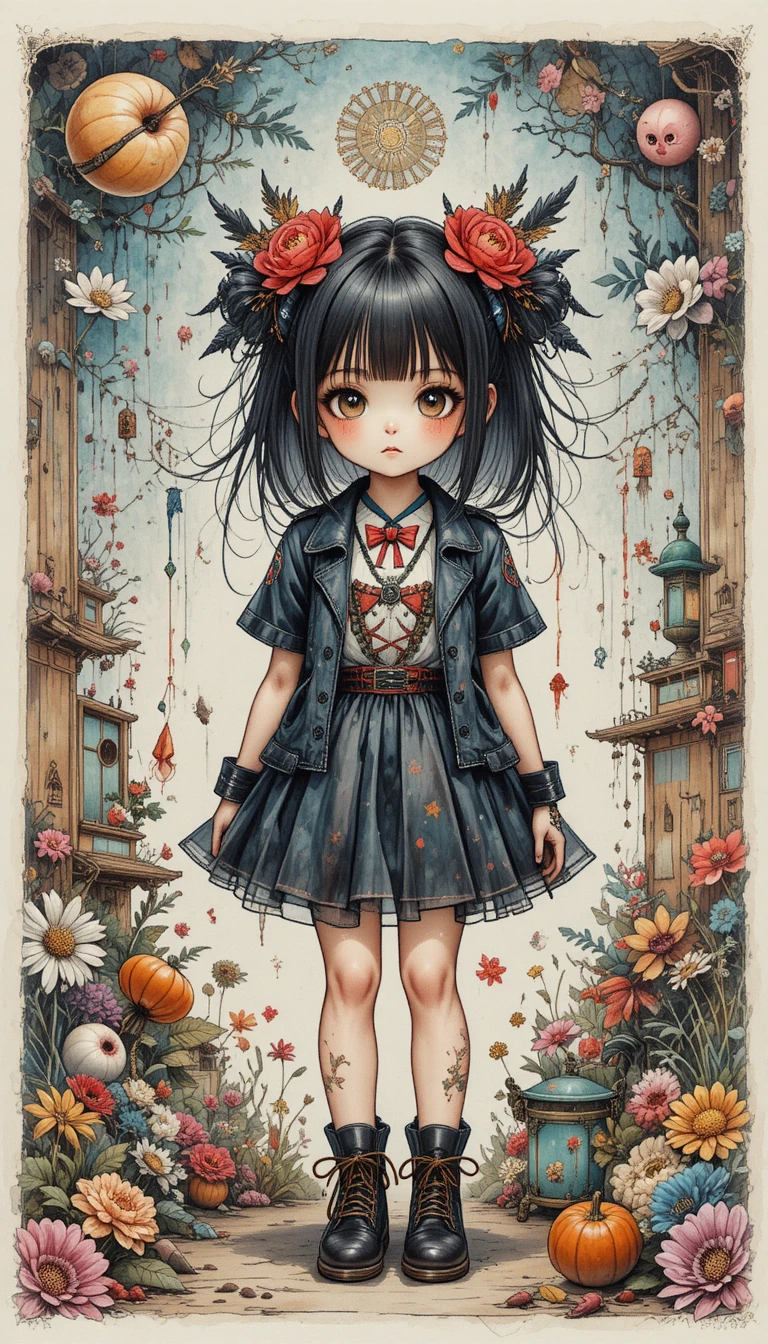 Fille en aquarelle dans une fantaisie punk surréaliste aux motifs asiatiques
