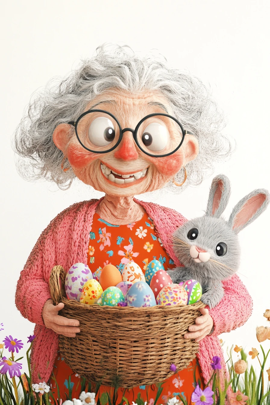 Ilustración de mujer mayor alegre con conejo y cesta de Pascua