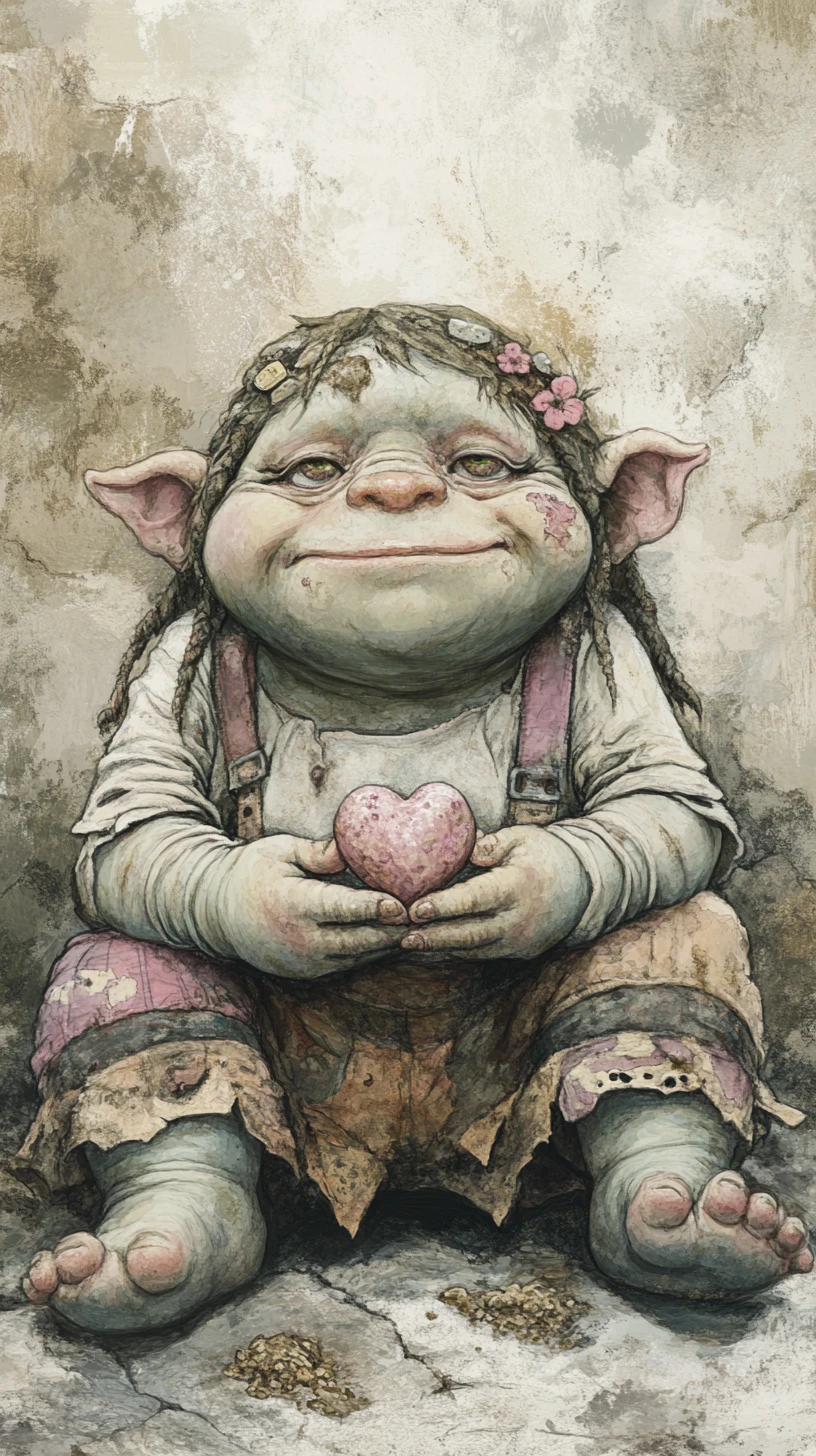 Niedlicher Oger-Trottel hält ein schlammiges Herz in Aquarell