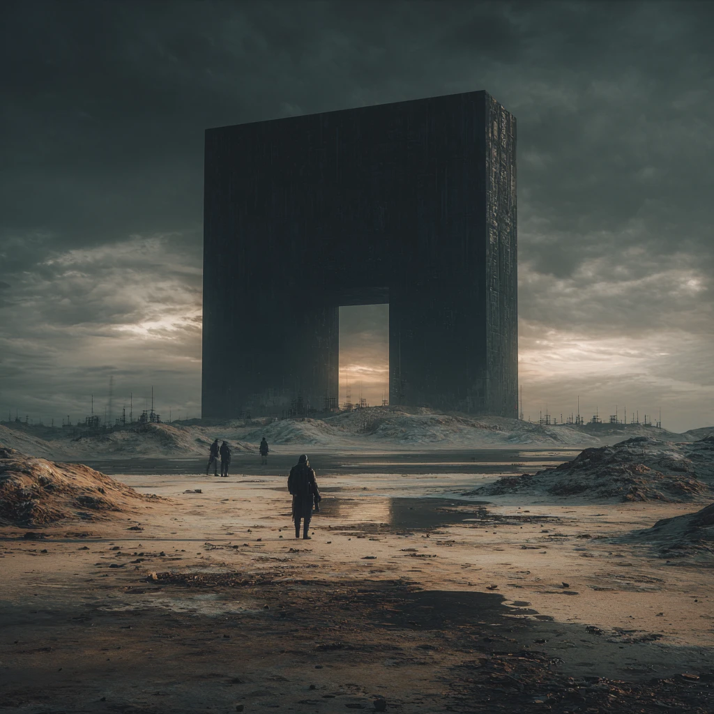 Arquitetura futurista escura e quadrada em um posto avançado pós-apocalíptico