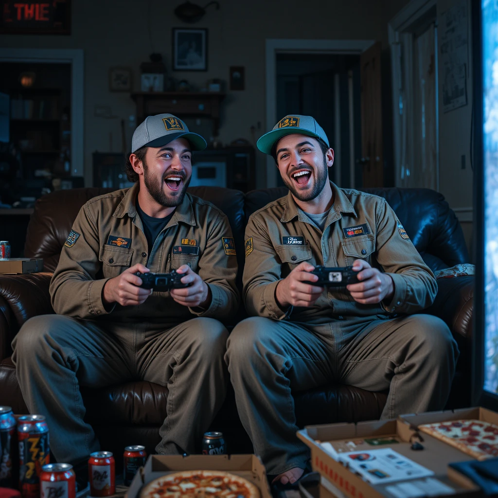 Dois homens jogando em um sofá em uma sala de estar pouco iluminada