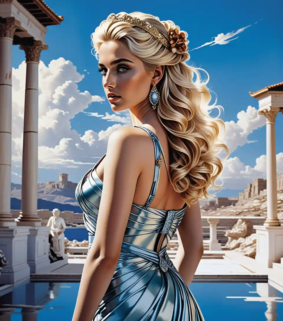 Roman princess in a regal toga gown at twilight banquet