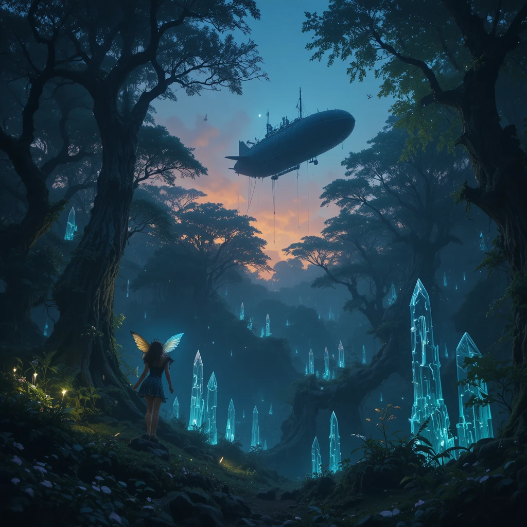Dirigível steampunk sobre uma antiga floresta de fantasia brilhante