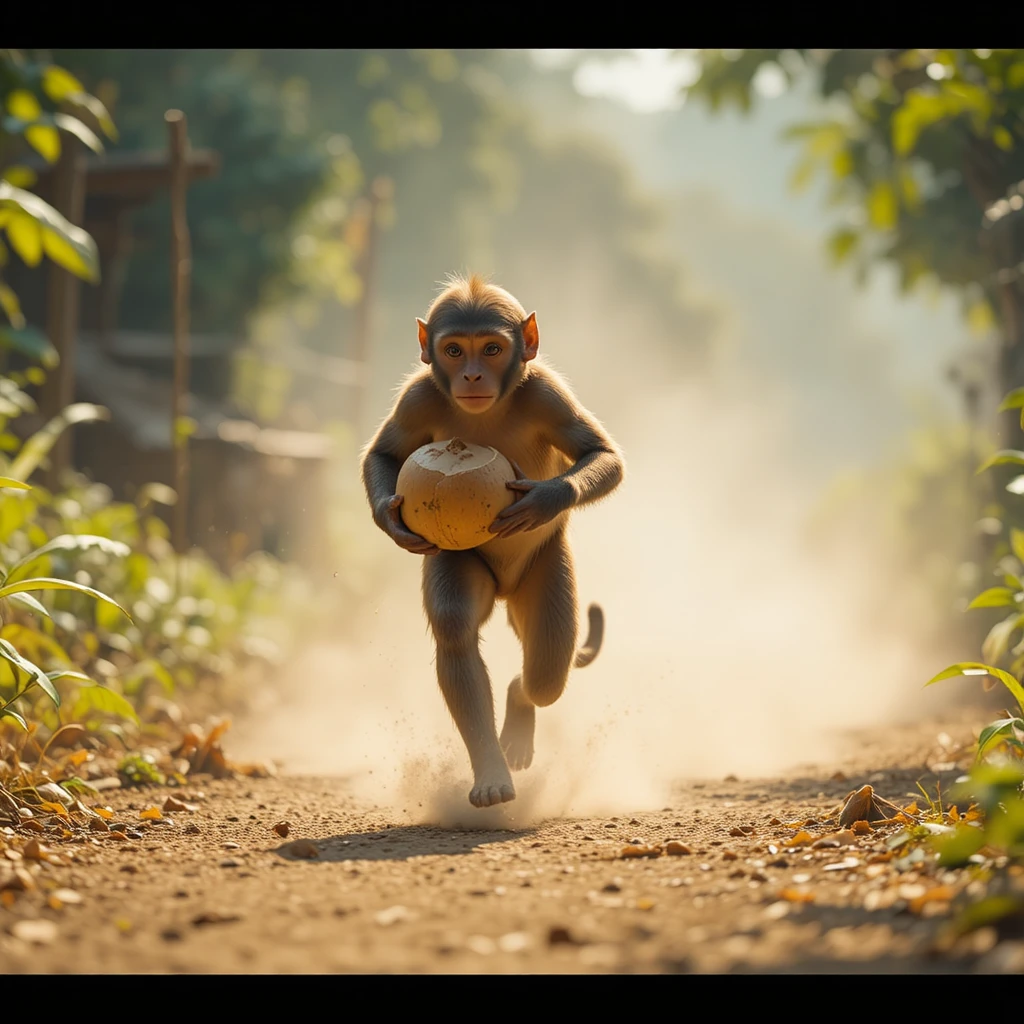 Macaco correndo com um coco em uma estrada rural empoeirada