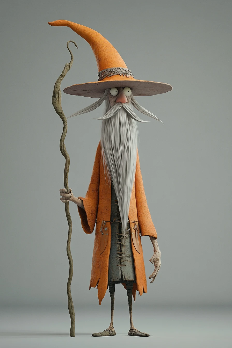 Mago alto e desengonçado com barba longa em renderização 3D
