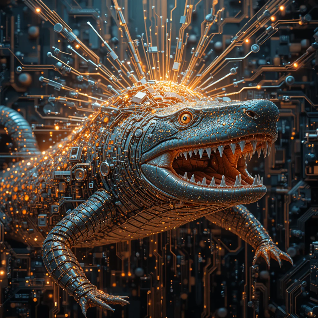 Caiman atacando um grande tubarão-branco de circuitos em brilho neon