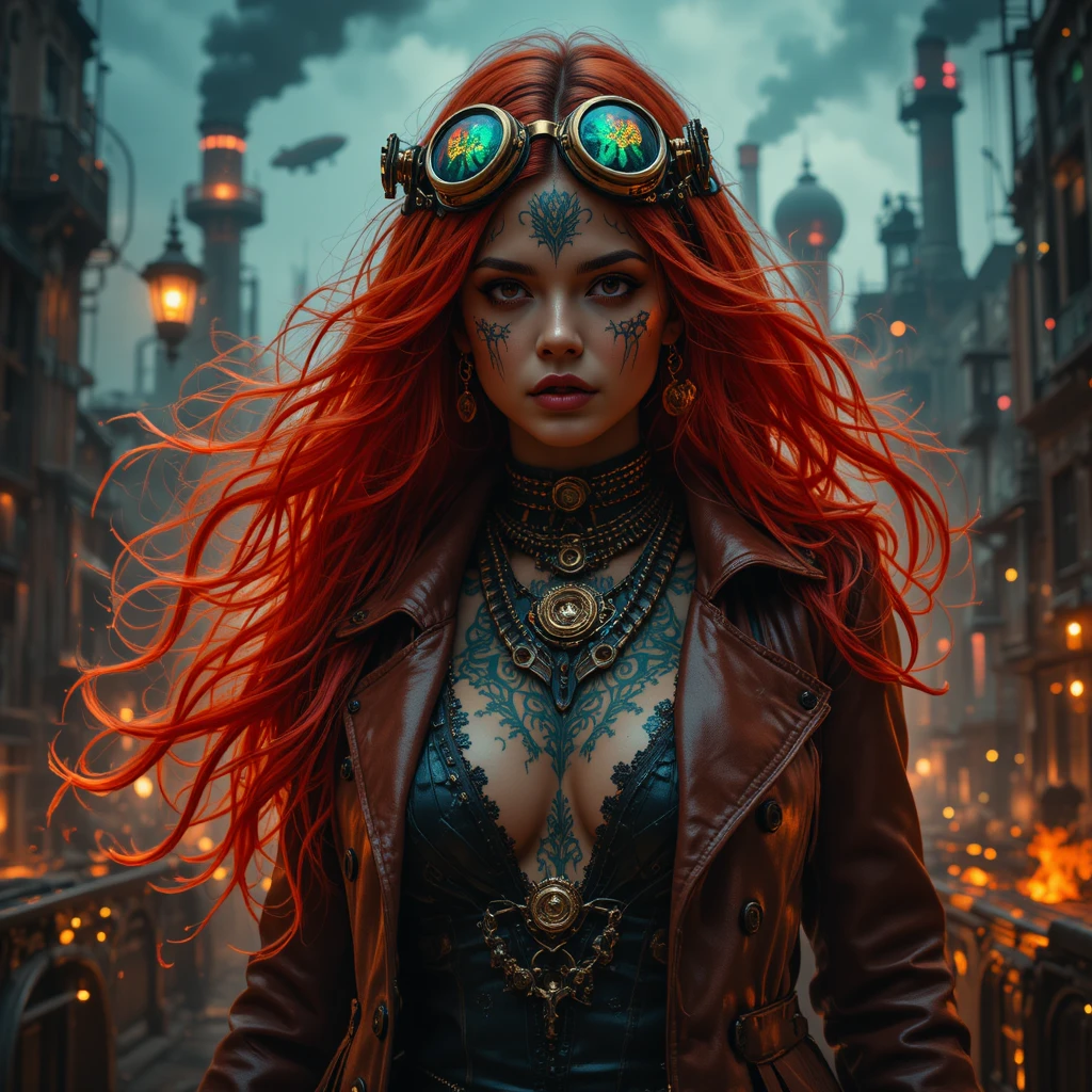 Reina forajida steampunk con cabello en llamas y tatuajes brillantes