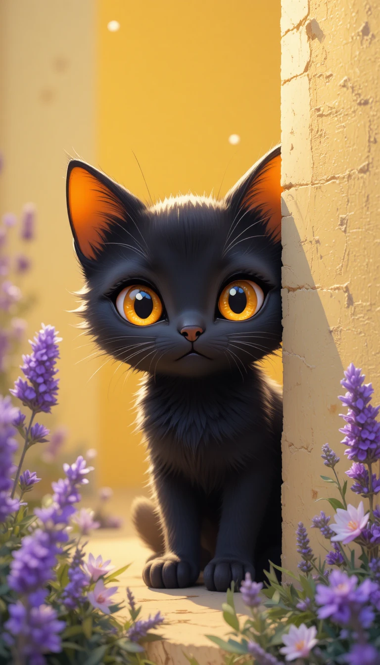 Black cartoon kitten peeking from behind a lavender wall
