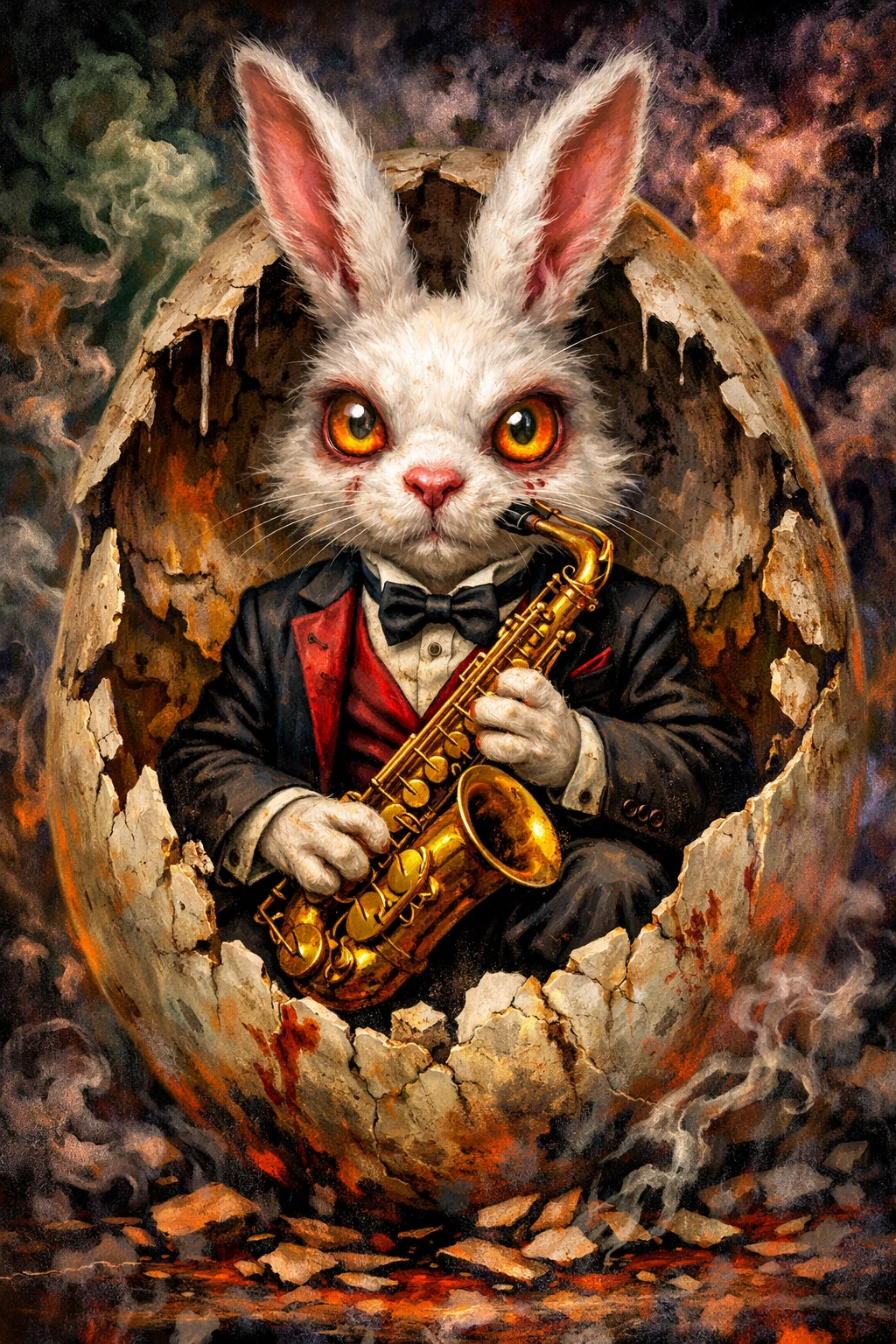 Coelho surreal em um ovo rachado com saxofone