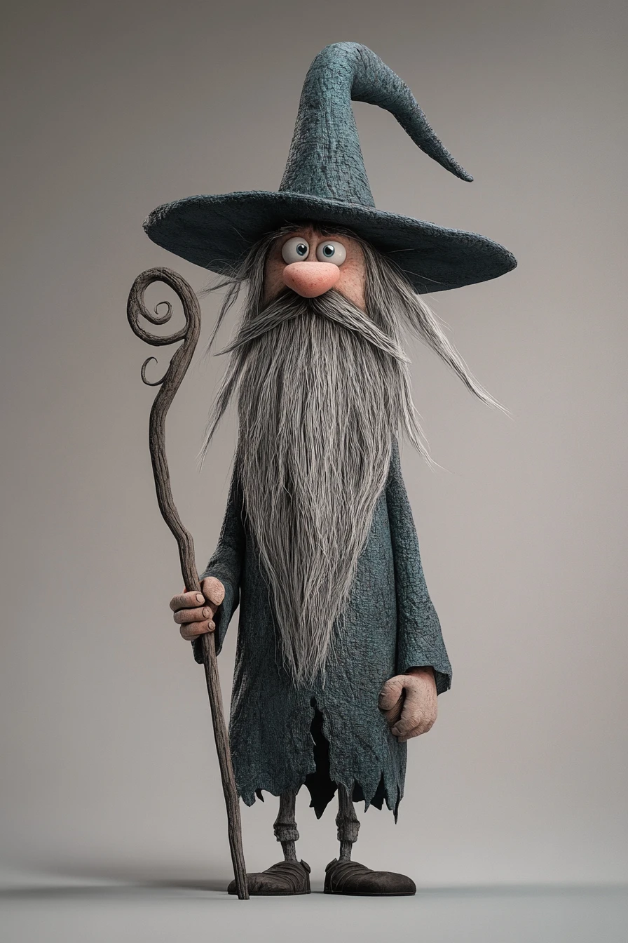 Mago alto e atrapalhado com longa barba em renderização 3D
