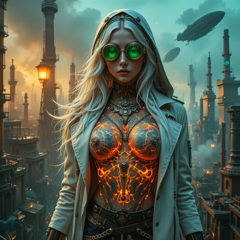 Steampunk empress with glowing tattoos in rainy city