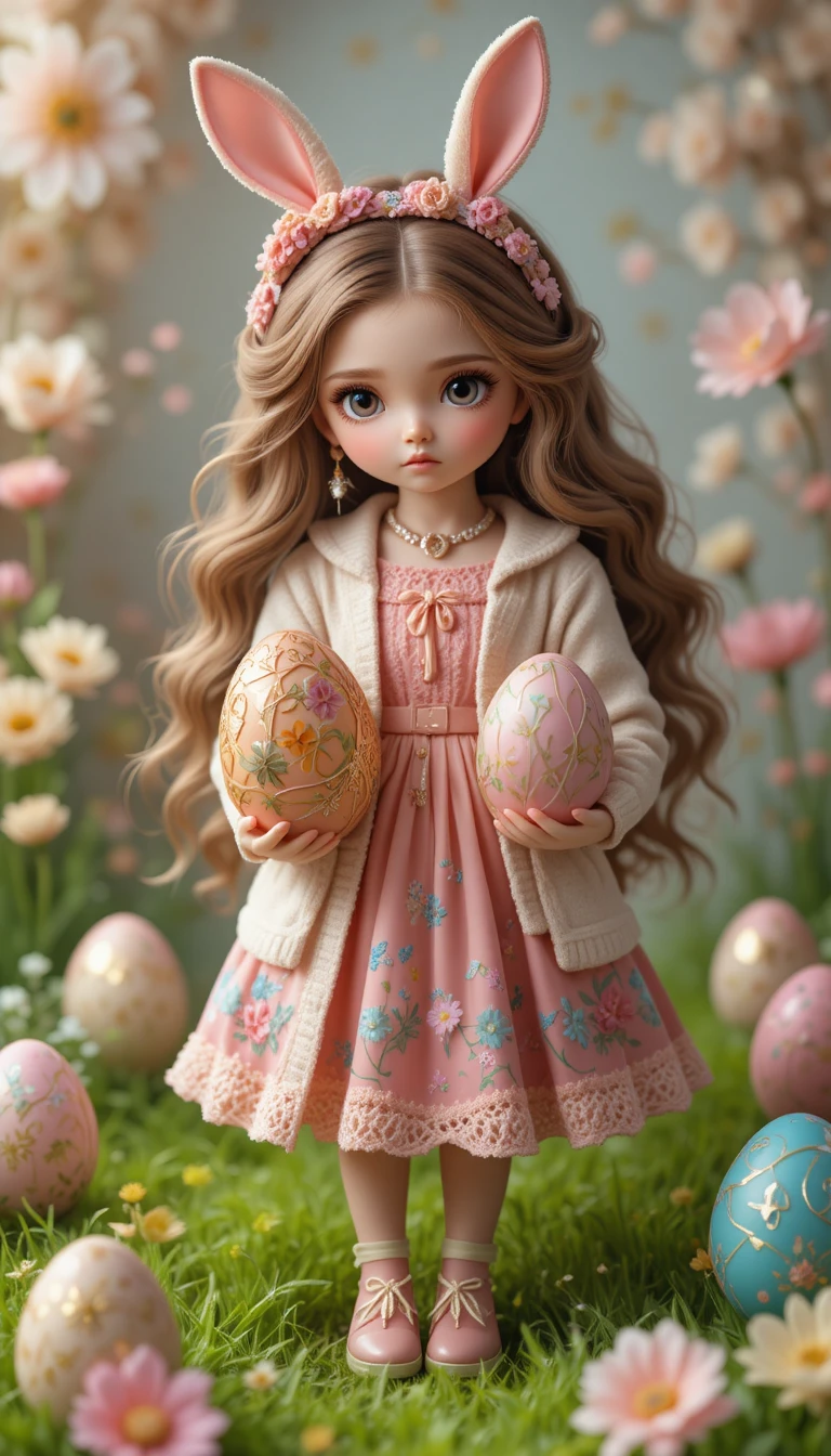 Sad girl in floral dress holding Easter egg beauty gifts