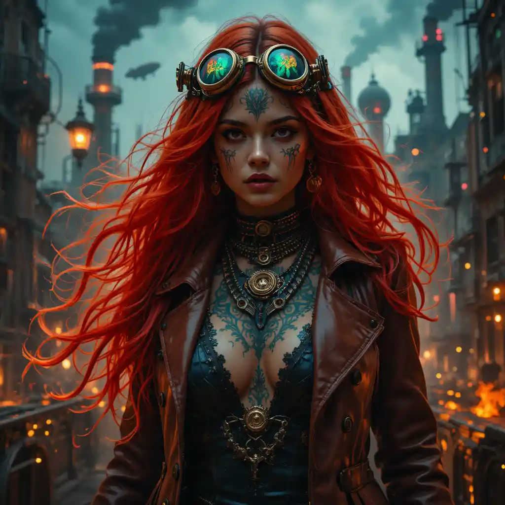 Reina forajida steampunk con cabello en llamas y tatuajes brillantes