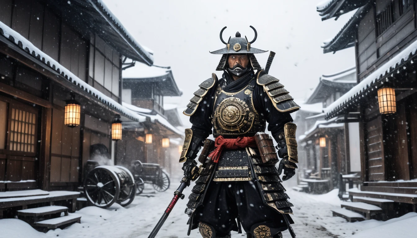 Guerreiro samurai disparando minigun steampunk em vila nevada durante uma nevasca