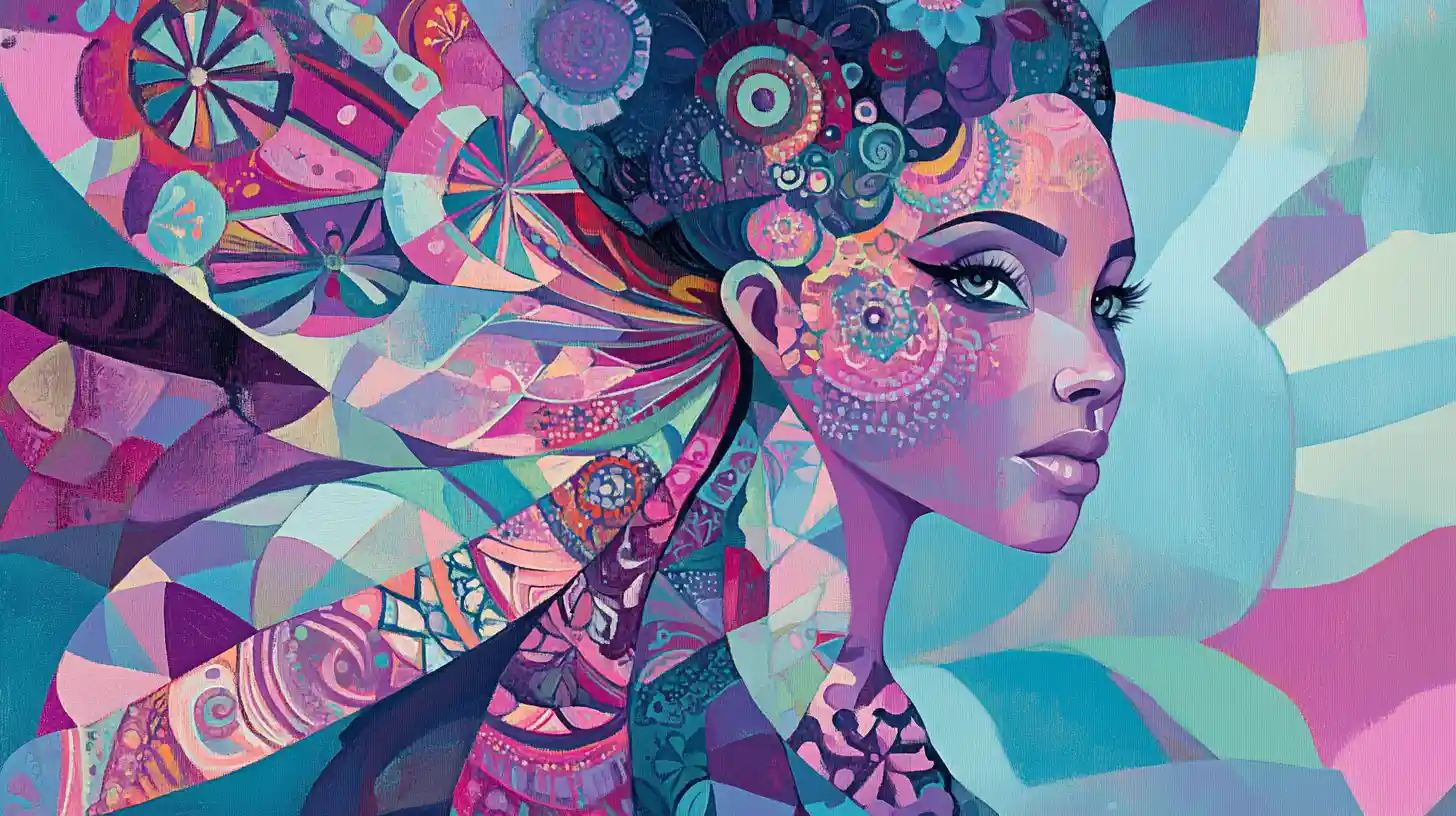 Cubist woman with butterfly and mandala patterned wings