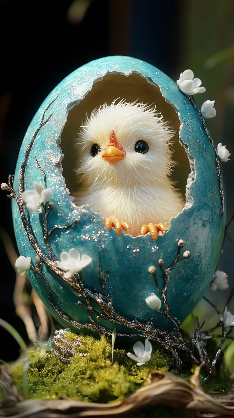 Adorable poussin blanc éclosant d’un œuf bleu fleuri