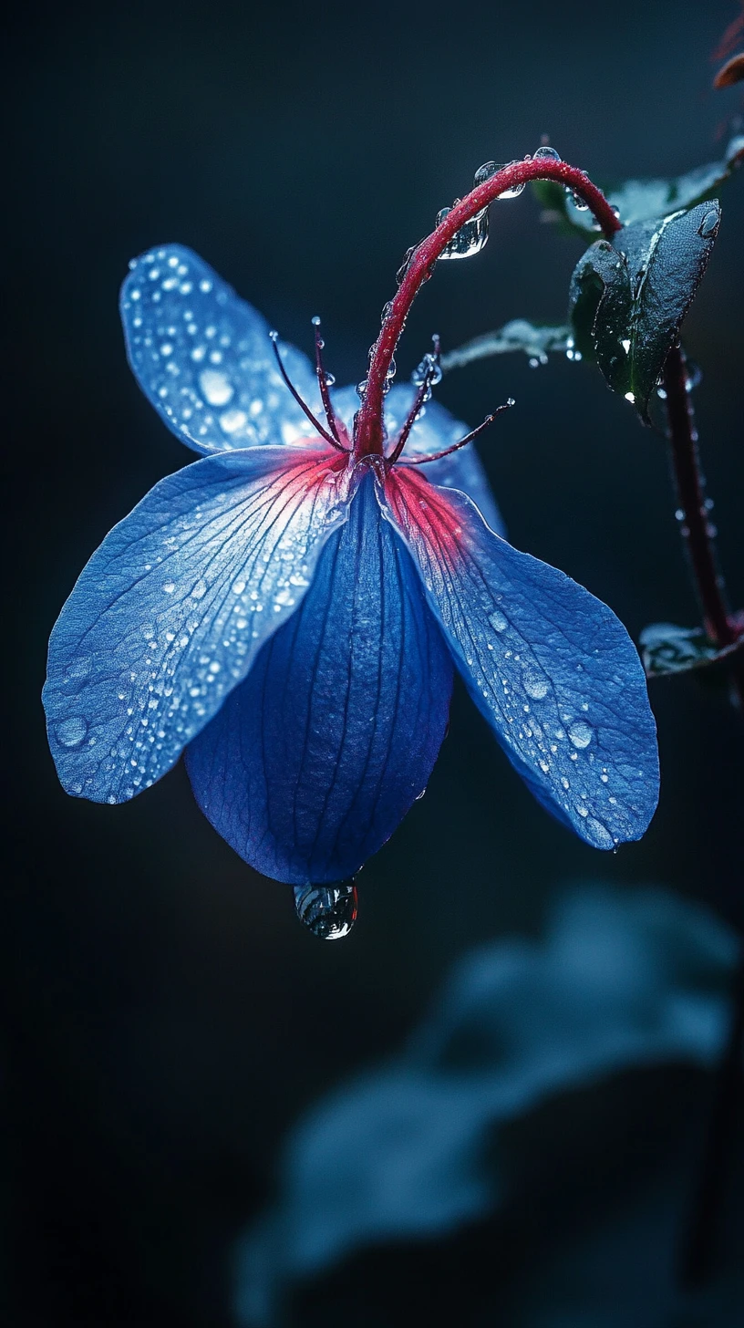 Delicate blue flower glowing softly in gentle rain