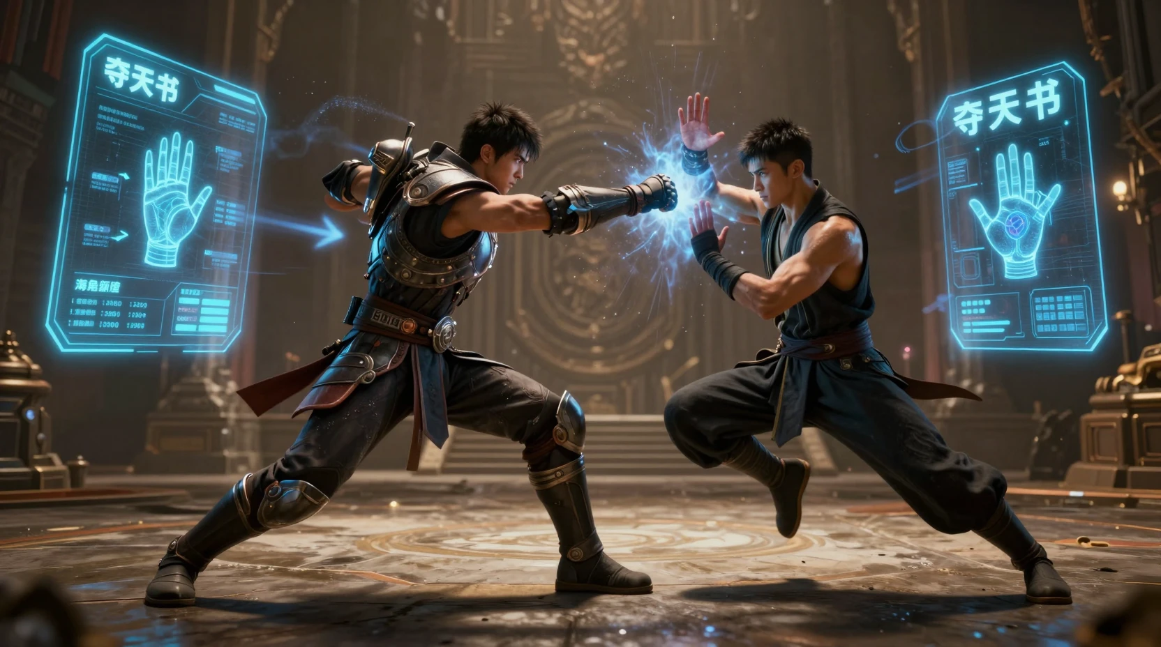 Armored warrior punching holographic fighter in training hall