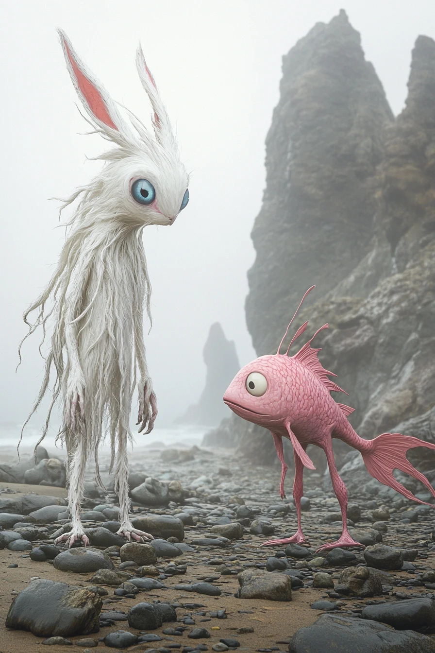 Surreal rabbit like and fish like creatures on rocky shore