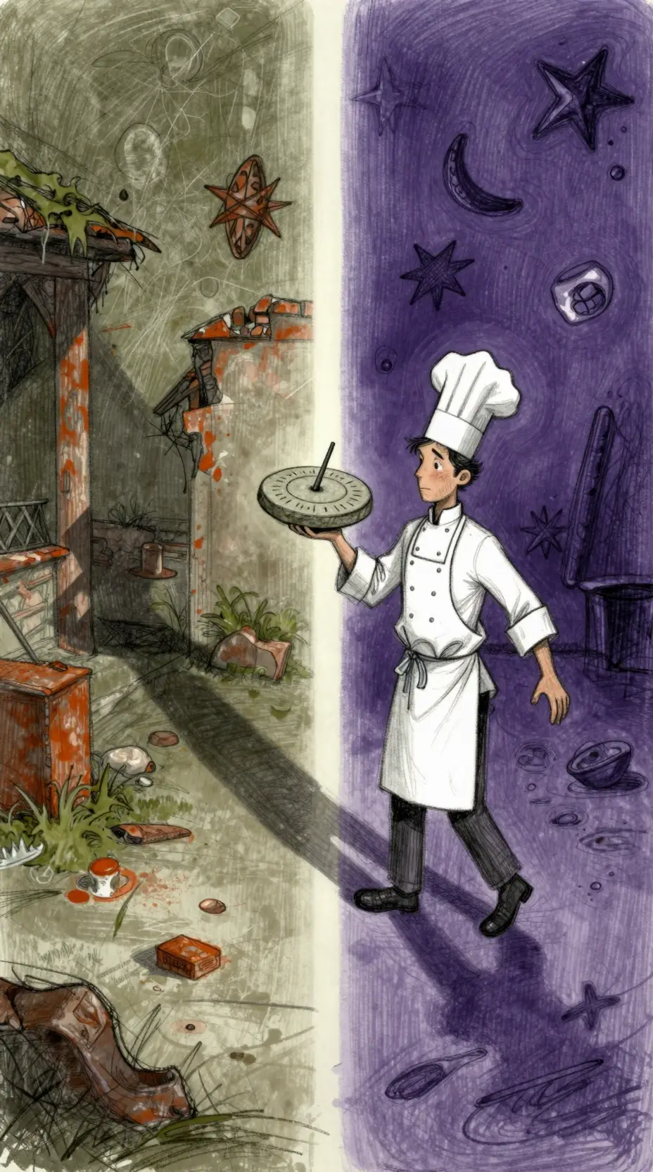 Chef cruzando uma fronteira brilhante com um antigo relógio de sol