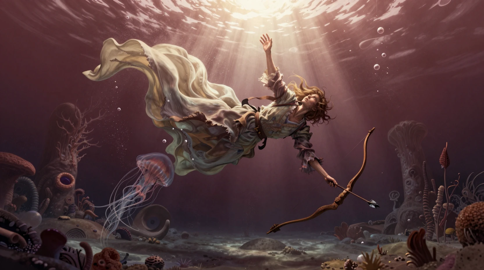 Woman drifting underwater reaching toward distant surface light