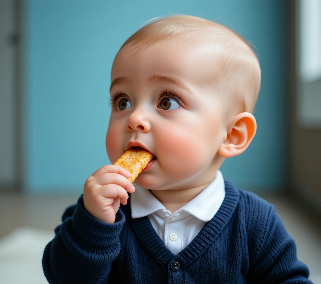 Bebê comendo bolacha em um retrato suave em close-up