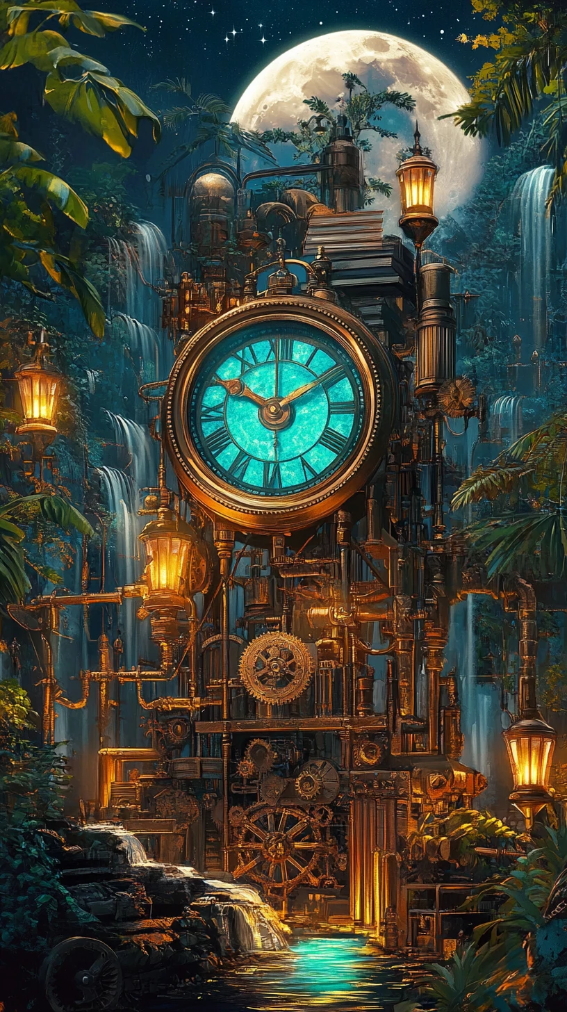 Horloge steampunk lumineuse dans une jungle au clair de lune la nuit