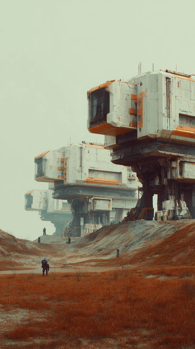 Arquitetura futurista de posto avançado quadrado em uma paisagem sombria de 2179