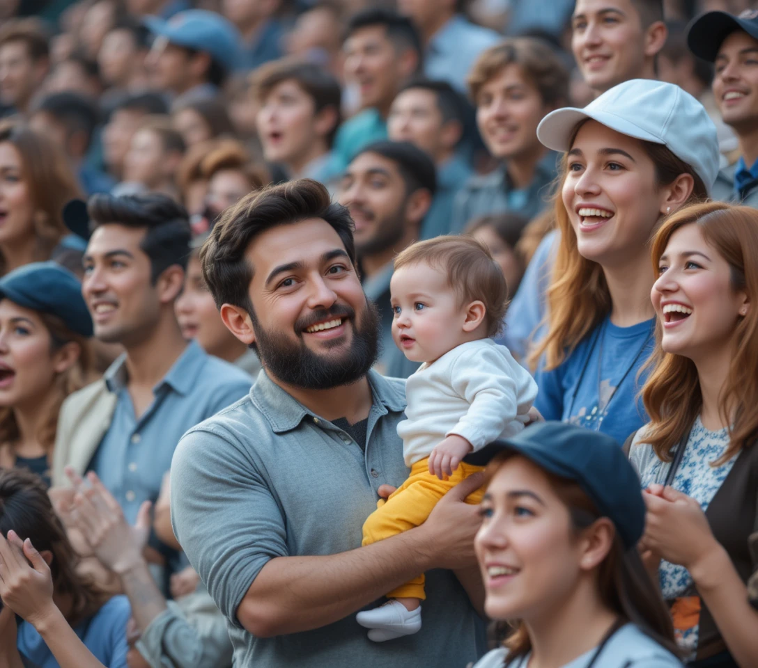 Multidão alegre assistindo a um evento com homem segurando um bebê
