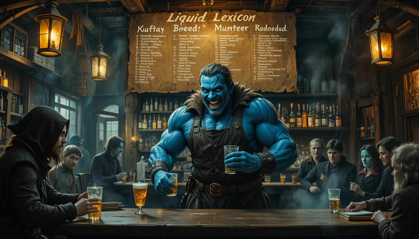 Barman alto de pele azul em um bar esfumaçado iluminado por lanternas