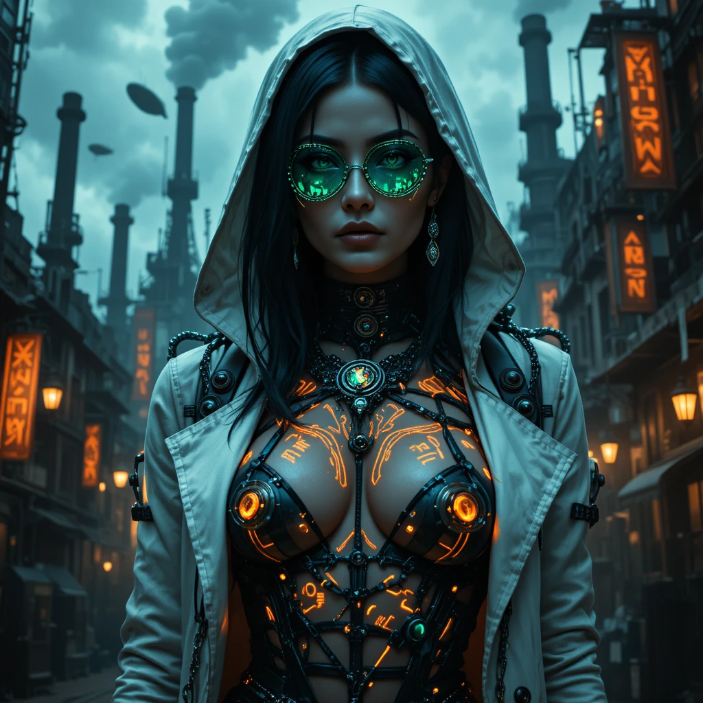 Steampunk queen in neon lit industrial undercity alley