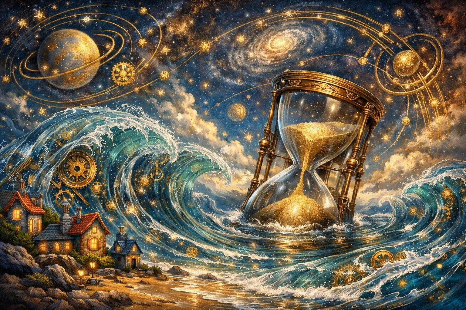 Surreal Glass Ocean With Giant Hourglass And Tiny Shore Houses