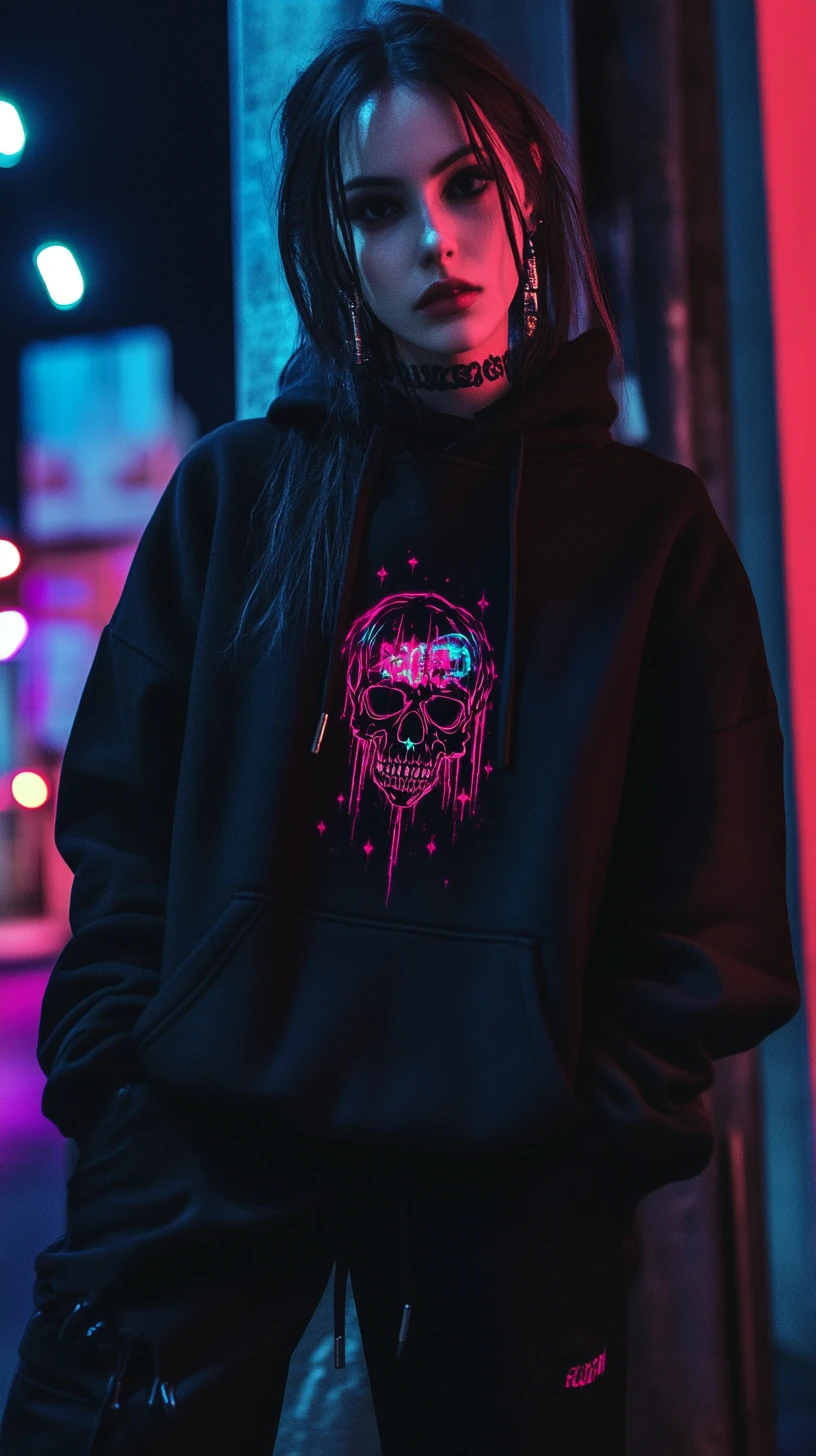 Modelo streetwear com moletom preto e estampa de caveira neon